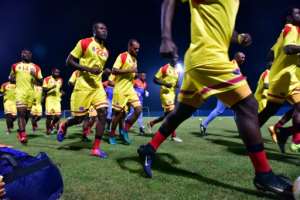 Democratic Republic of Congo's players take part in a training session in Oyem, Gabon, on January 14, 2017