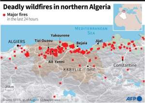 Map of northern Algeria locating major fires in the last 24 hours. By Cléa PÉCULIER (AFP)