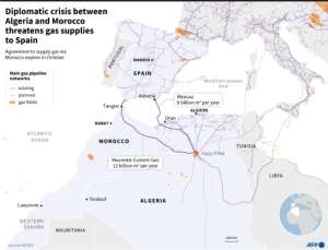 Map highlighting the gas pipelines linking Morocco and Algeria to Spain.. By Patricio ARANA (AFP)