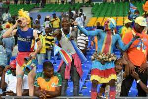 DR Congo supporters cheer for their team during their 2017 Africa Cup of Nations Group C match against Morocco, in Oyem, on January 16