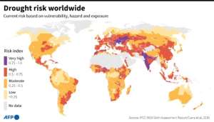 Map showing drought risk worldwide, according to a landmark Intergovernmental Panel on Climate Change (IPCC) draft report. By Gal ROMA (AFP)