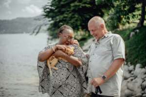 Esperance Mawanzo (left) and her husband Luc Henkinbrant created an agency to encourage ecotourism in Idjwi. By Luke DENNISON (AFP)