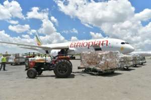 Ethiopian Airlines helped move masks, testing kits and protective gear donated to African countries by Chinese billionaire and Alibaba co-founder Jack Ma. By TONY KARUMBA (AFP/File)
