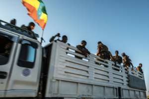 Ethiopian troops on a road near the Tigrayan city of Humera. By EDUARDO SOTERAS (AFP)