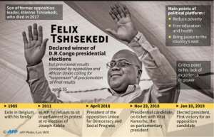 Felix Tshisekedi, former exile, now declared winner of presidential elections in the Democratic Republic of Congo.  By Juliette VILROBE (AFP)