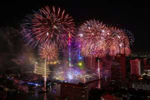 Fireworks explode over Bangkok to ring in the near year in Thailand.  By Krit Promsakla Na Sakolnakorn (AFP)