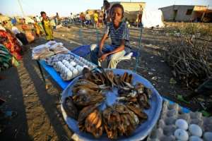 Fish, eggs and bread on sale by Ethiopian refugees to their peers. By ASHRAF SHAZLY (AFP)