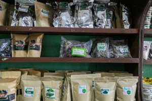 Folong, zom, okok and mango bark -- traditional Cameroonian cuisine and medicine products -- line the shelves. By Daniel Beloumou Olomo (AFP)