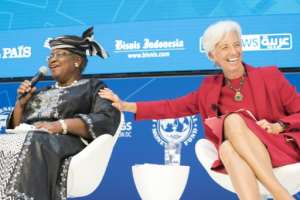 Former Nigerian Finance Minister Ngozi Okonjo-Iweala, left, said to have been one potential US nominee for World Bank president, seen here with IMF chief Christine Lagarde.  By Steve Jaffe (INTERNATIONAL MONETARY FUND/AFP/File)