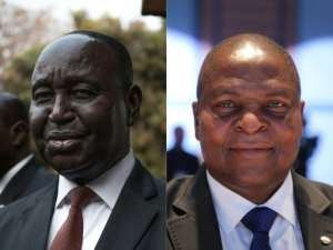 Former President François Bozize, on the left, and his successor President Faustin Archange Touadera.  By FLORENT VERGNES, Ludovic MARIN (AFP / File)