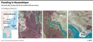 Detailed maps showing the extent of floods in Beira, Mafambisse and Tica in Mozambique. Valentina BRESCHI (AFP)