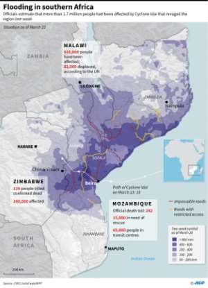 Updated graphic showing the situation in Mozambique, Zimbabwe and Malawi after flooding this month.. By (AFP)