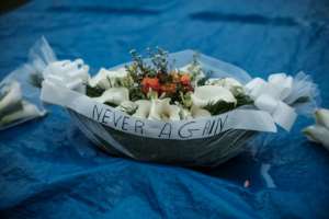 Floral offerings at a mass grave at the Kigali Genocide Memorial. By Yasuyoshi CHIBA (AFP/File)
