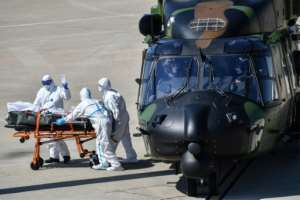 France has been transferring patients by helicopter and high-speed train to relieve overwhelmed regions. By Pascal GUYOT (AFP)