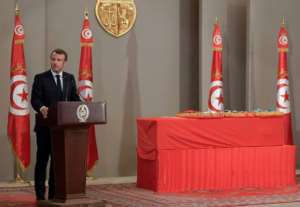 French President Emmanuel Macron was one of several foreign leaders to attend a state funeral for Tunisian president Beji Caid Essebsi in the capital Tunis. By Fethi Belaid (POOL/AFP)