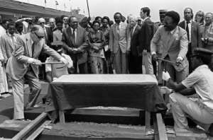 French President Francois Mitterrand (L) and Gabon's President Omar Bongo inaugurate the second section of the transgabonais railway in Franceville in January 1983. By DANIEL JANIN (AFP/File)