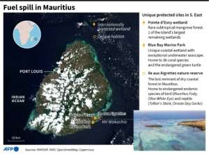 Map of Mauritius, locating unique protected wildlife sites threatened by a fuel spill from a striken cargo vessel. By Gillian HANDYSIDE (AFP)