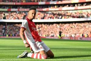 Gabon captain Pierre-Emerick Aubameyang celebrates scoring for Arsenal in a recent Premier League win over Tottenham Hotspur.. By Ben STANSALL (AFP)