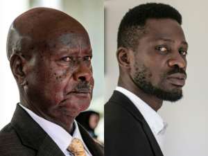 Generations apart: Museveni, 76, and Bobi Wine, 38. By Sumy Sadurni , YASUYOSHI CHIBA (AFP/File)