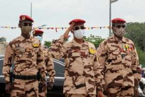 General Mahamat Idriss Deby Itno, center, led a 15-member junta after his father died fighting rebels in northern Chad.  By Djimet WICHE (AFP)