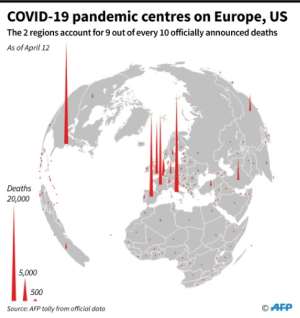 Globe showing COVID-19 fatalities per country as of April 12. By Simon MALFATTO (AFP)