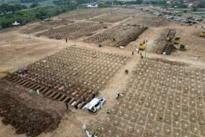 Graves being prepared for Covid victims in Jakarta, Indonesia. By BAY ISMOYO (AFP)