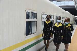 Hostesses arrive on board the train.  The nascent service currently only operates once a day - the goal is to increase the frequency and increase the speed to 160 km / h.  By PIUS UTOMI EKPEI (AFP)