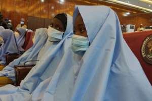 Hundreds of girls kidnapped from their boarding school in northern Nigeria were taken to Government House in Gusau after their release.. By Aminu ABUBAKAR (AFP)