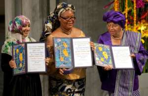 In 2011, Sirleaf (right), Liberian peace activist Leymah Gbowee (centre) and Yemeni activist Tawakkol Karman (left) were jointly awarded the Nobel Peace Prize