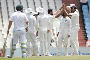 Indian bowler Mohammed Shami (3rdR) celebrates the dismissal of South Africa's AB de Villiers (not in picture) during the fourth day of their second Test match in Centurion, South Africa on January 16, 2018