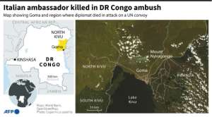 Map of DR Congo's eastern Goma region and Kibumba where Italy's ambassador was killed in an attack on a UN convoy, Feb 22. By Patricio ARANA (AFP)