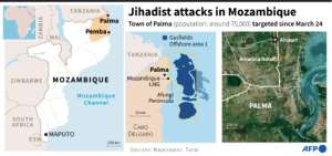 Maps locating the city of Palma, in northern Mozambique, under jihadist attack, and the Mozambique LNG gas site, owned by Total, located about ten kilometers away.  By Kenan AUGEARD (AFP)