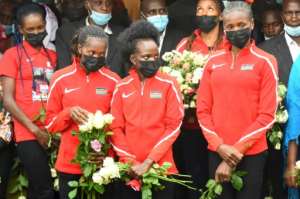 Kenyan athletes (L-R) Beatrice Chepkoech, Faith Kipyegon, Peris Jepchirchir and Eunice Sum attend the funeral of Agnes Tirop. By Simon MAINA (AFP)