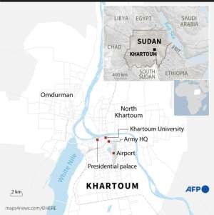 Map of Khartoum locating the Army Headquarters, Army Road and Omdurman. By Vincent LEFAI (AFP)