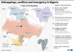 Map locating the main mass kidnappings in Nigeria and other areas threatened by different conflicts, insurgency or criminal groups.  By Gal ROMA (AFP)