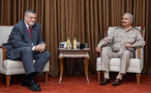 Libyan strongman Khalifa Haftar, on the right, pictured with Jan Kubis, head of the UN Support Mission in Libya. By - (LNA War Information Division/AFP/File)