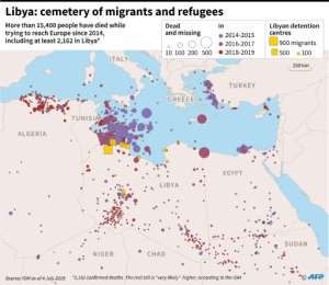 Map locating deaths of migrants and refugees since 2014 in the eastern Mediterannean, with a zoom on Libya, according to the International Organization of Migration.. By Thomas SAINT-CRICQ (AFP)