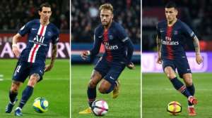 (L-R) Paris Saint-Germain players Angel Di Maria, Neymar and Leandro Paredes have reportedly tested positive for COVID-19. By Geoffroy VAN DER HASSELT, Franck FIFE (AFP/File)