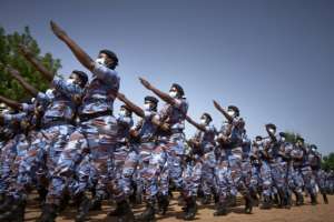 Malian Armed Forces soldiers march in a parade at the independence ceremony in Bamako. Goita called on citizens to support the security forces. By MICHELE CATTANI (AFP)