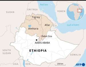 Map of Ethiopia locating northern regions Amhara, Tigray and Afar, and Debre Sina. By Aude GENET (AFP)