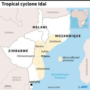 Map of Mozambique, Zimbabwe and Malawi, locating provinces worst hit by tropicl cycloe Idai. By Vincent LEFAI (AFP)