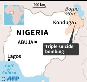 Map of Nigeria locating the town of Konduga, hit by a triple suicide bombing late Sunday. By AFP (AFP)