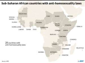 Map of sub-Saharan Africa showing the 28 countries with anti-homosexuality laws, according to Human Rights Watch.. By (AFP)