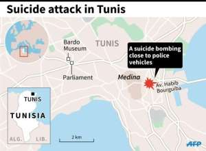Map locating Habib Bourguiba Avenue in Tunis where a woman blew herself up near police vehicles Monday.  By S.Ramis/S.Malfatto (AFP)