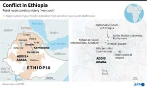 Map showing Ethiopian regions where the Tigray People's Liberation Front and allies have launched offensives and a zoom of the capital Addis Ababa.. By Gal ROMA (AFP)