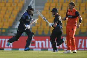 Match winners: Namibia captain Gerhard Erasmus (centre) and David Wiese. By INDRANIL MUKHERJEE (AFP)