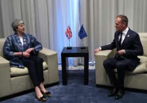 May and Tusk met Sunday on the sidelines of an EU-Arab summit in Egypt's Sharm el-Sheikh. By Francisco Seco (POOL/AFP)