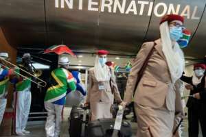 Musicians greeted arriving passengers and crew. By RODGER BOSCH (AFP)