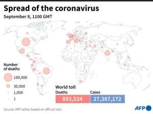 Number of Covid-19 deaths by country as of September 8, 2020 at 1100 GMT. By Simon MALFATTO (AFP)