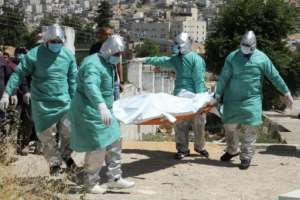 Palestinian health workers transport the body of a coronavirus victim for burial. By HAZEM BADER (AFP)